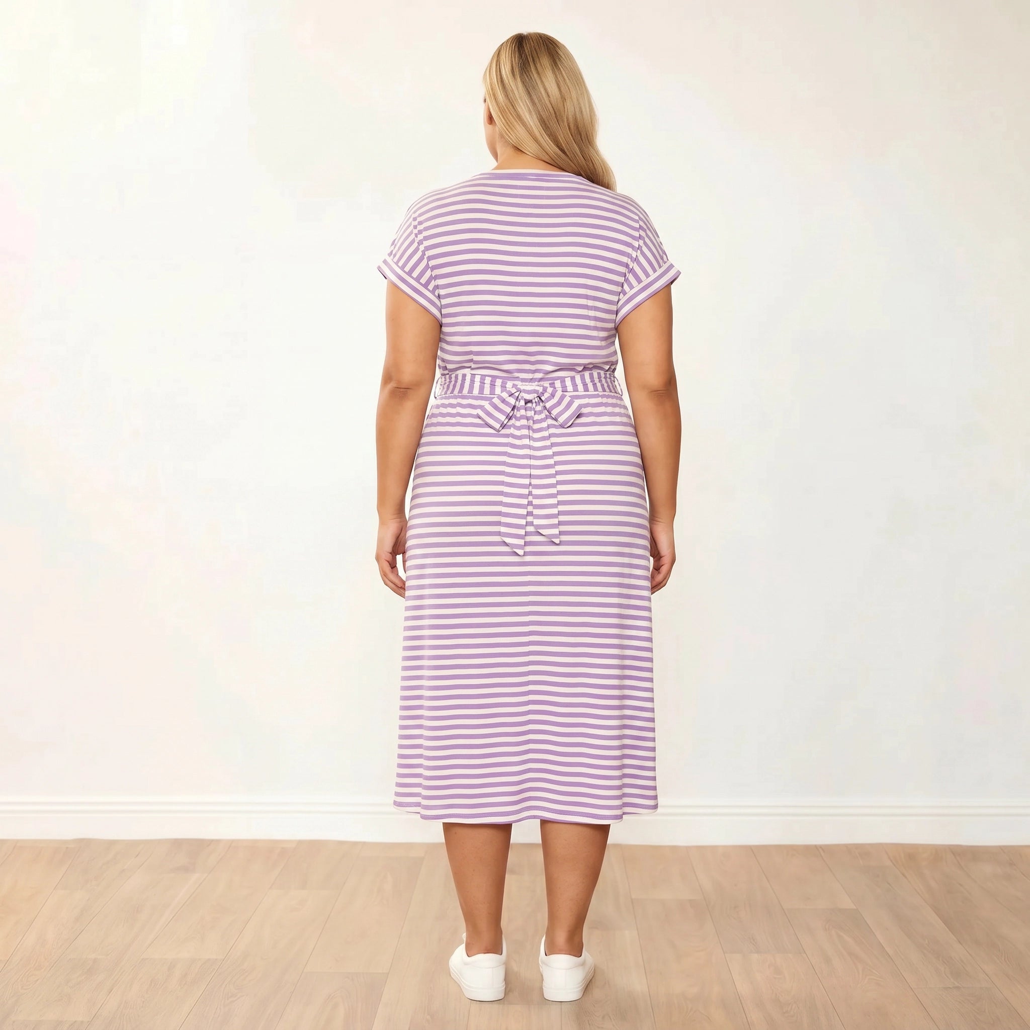 Lenny Dress Purple Stripe - Plus Size - Back view bow tie detail