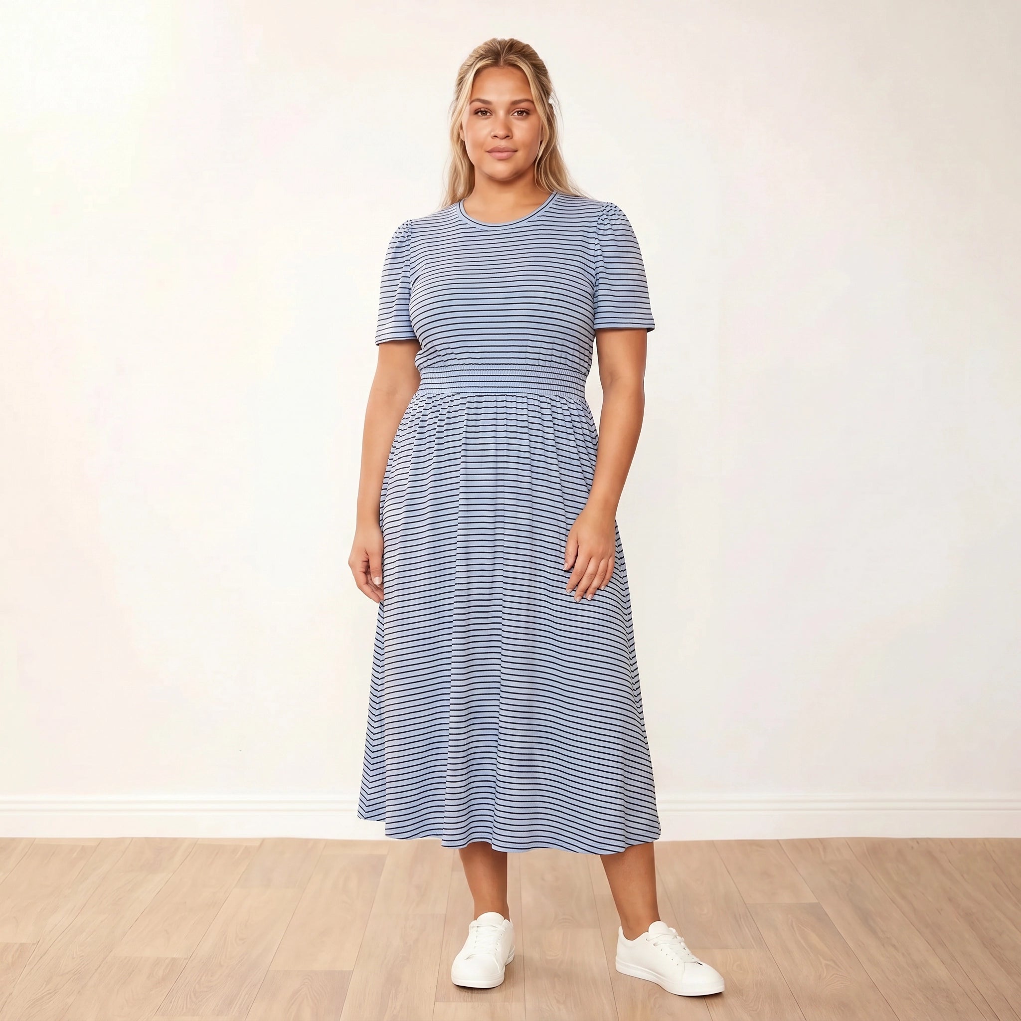 Eilish Dress (Blue/Brown) - Front, arms relaxed - Plus Size