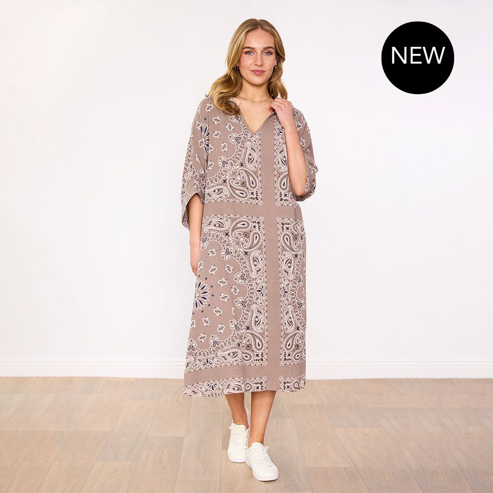 Diana Dress in taupe bandana print – women's dress