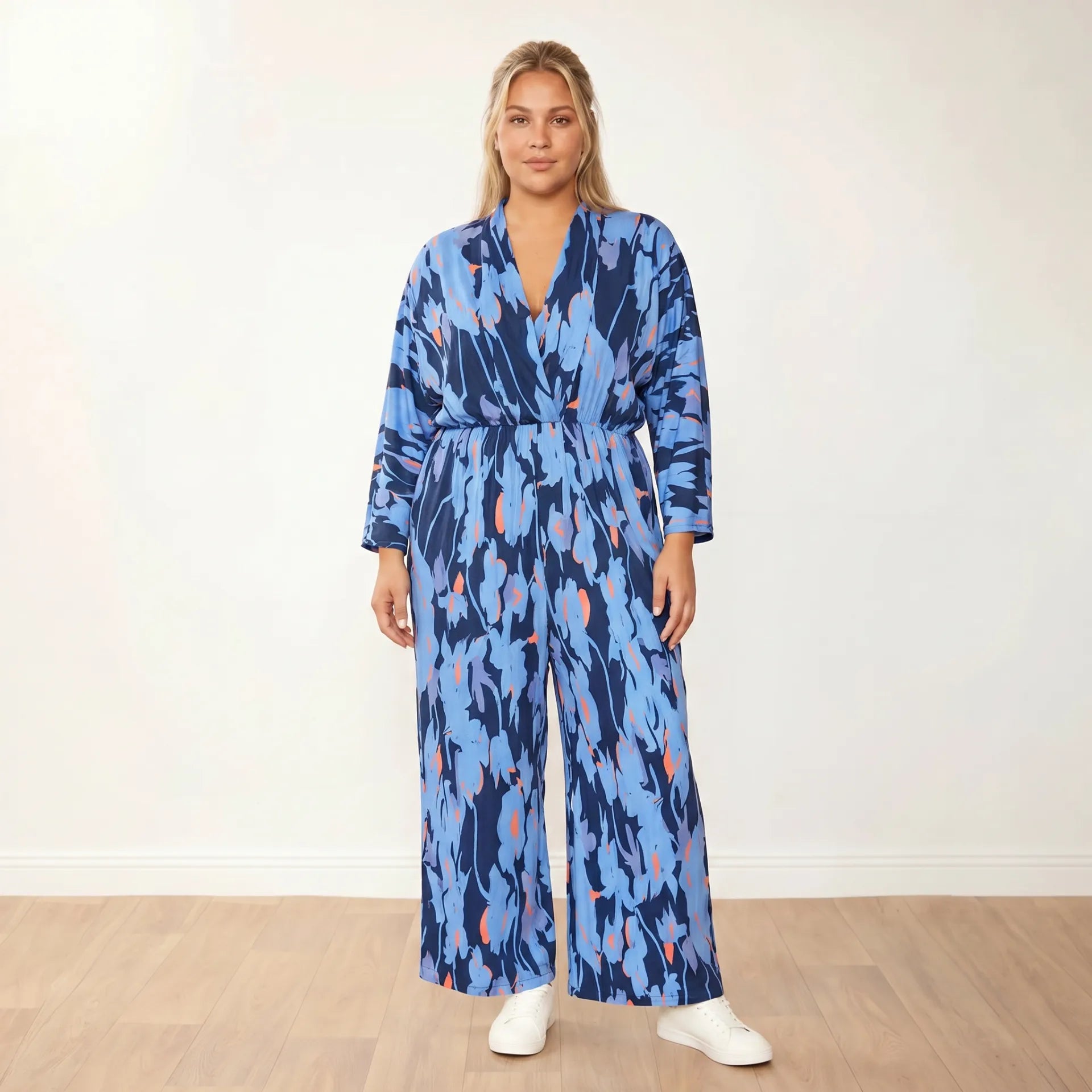 Vogue Jumpsuit (Navy/Orange Abstract) - Plus Size Model, Back View