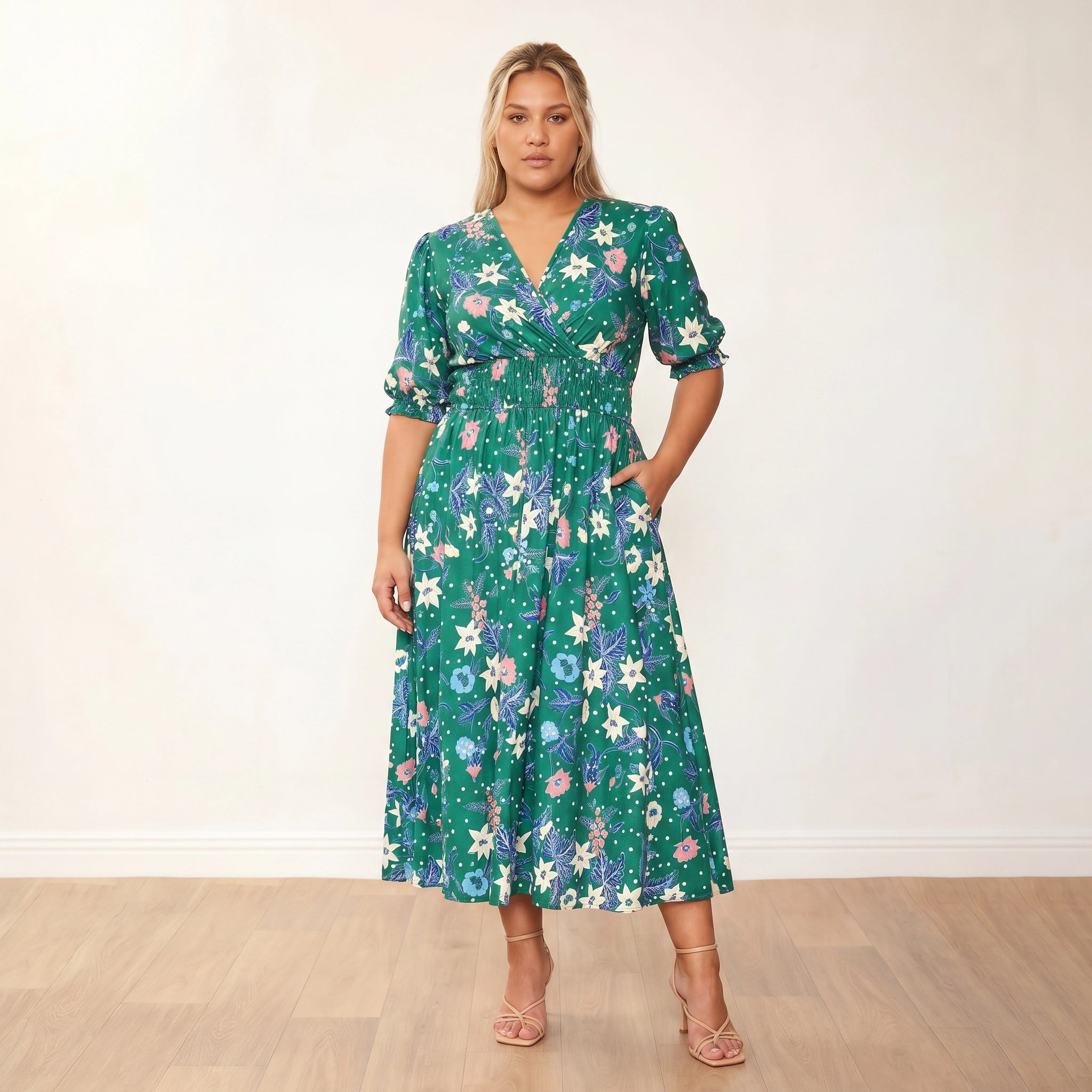 Bonnie Dress (Emerald/Lily) - Plus Size XXL - Front, direct confident gaze, one hand in pocket