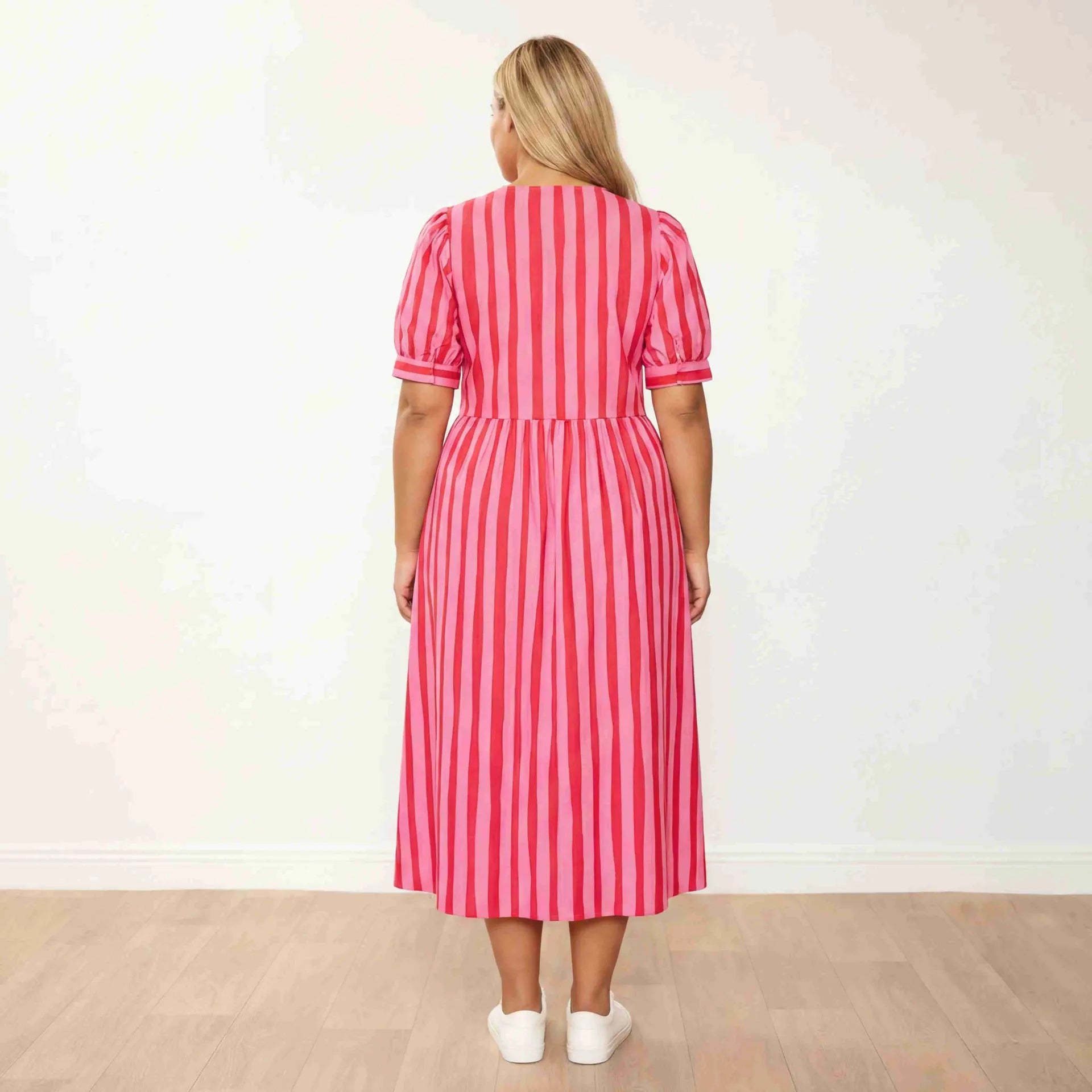 Billy Dress Pink Red Stripe - Plus Size Back View