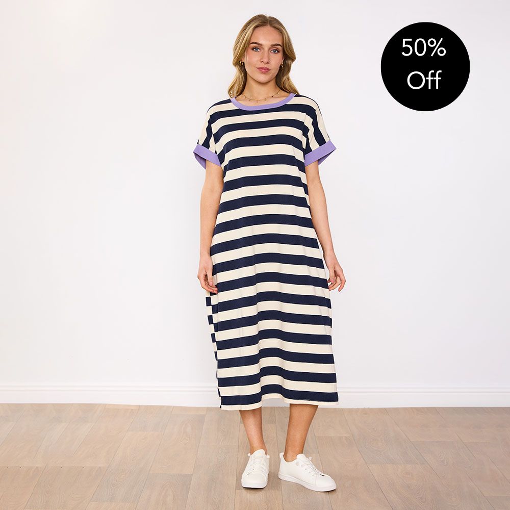 Rachel Dress (Navy Stripe/Lilac)