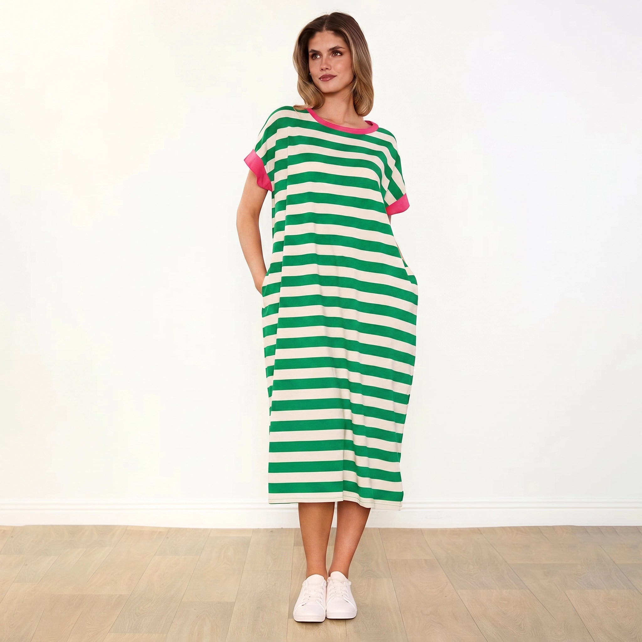 Rachel Dress Green Stripe Pink - Front