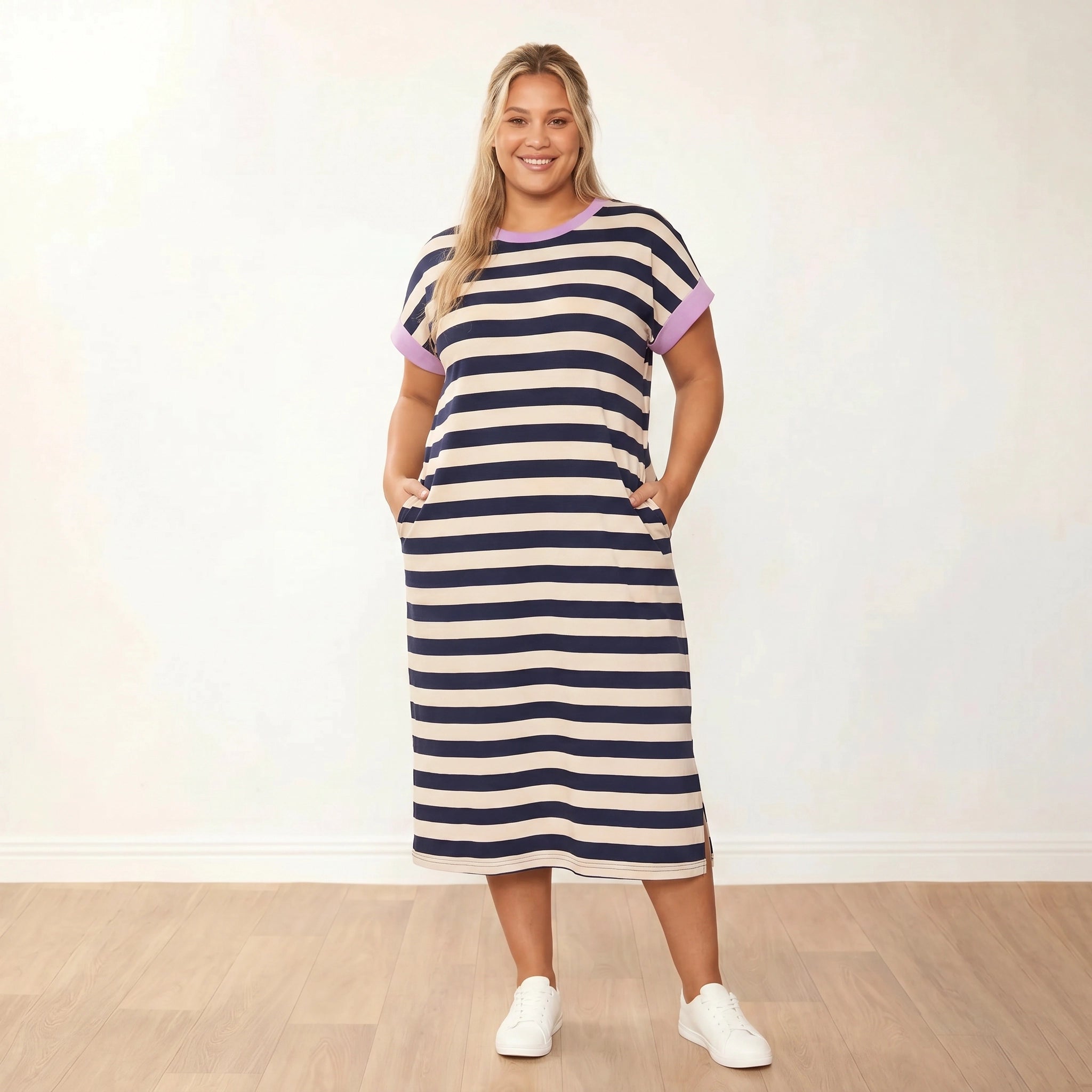 Rachel Dress Navy Stripe Lilac - Plus Size XXL - Front Hands In Pockets Smiling