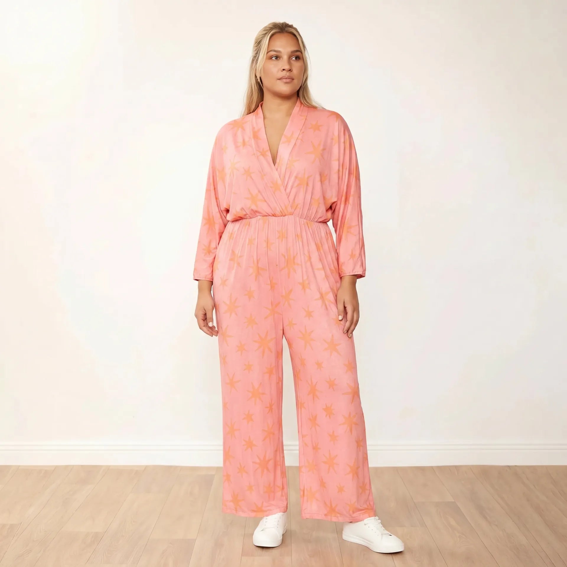 Vogue Jumpsuit Peach Star - Plus Size Model XXL - Front gaze away