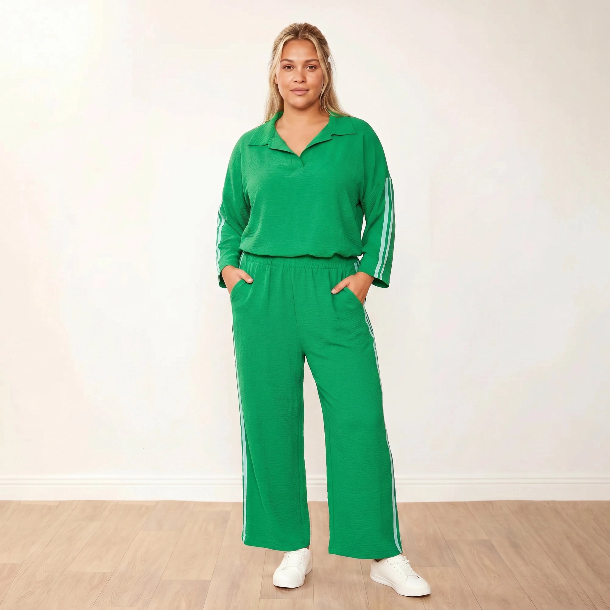 Clara Co-Ord Green Mint Stripe - Plus Size XXL - Front hands in pockets neutral