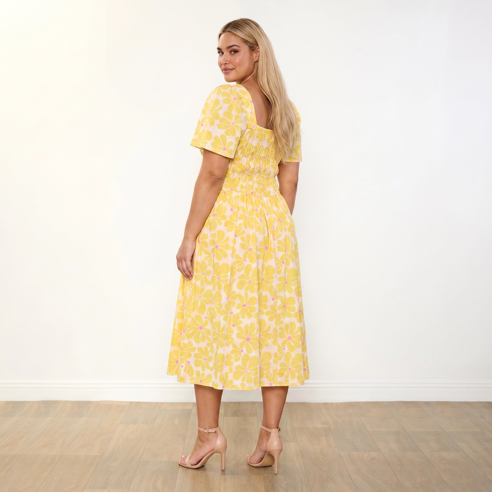 Iris Dress Yellow Daisy - Plus Size - Back 3/4 over shoulder