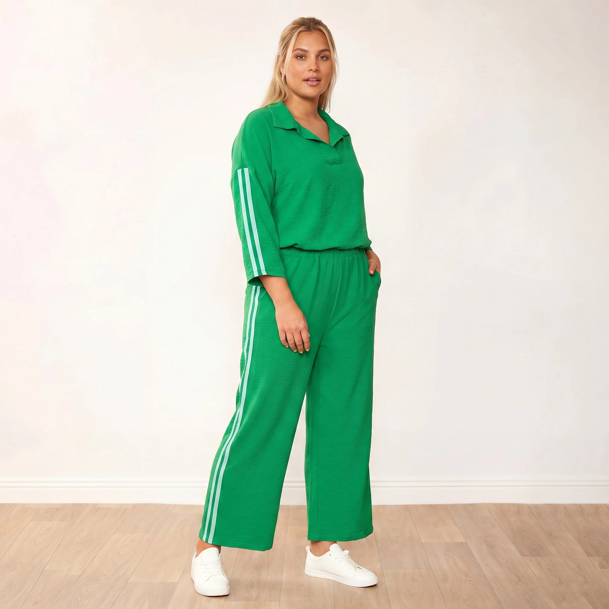 Clara Co-Ord Green Mint Stripe - Plus Size XXL - 3/4 angle hands relaxed