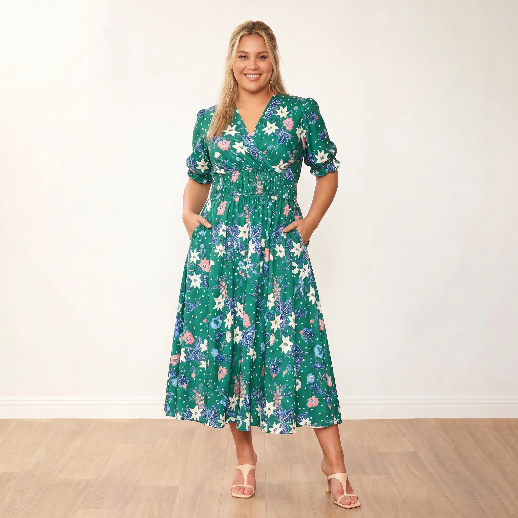 Bonnie Dress (Emerald/Lily) - Plus Size XXL - Front, hands in pockets, warm smile