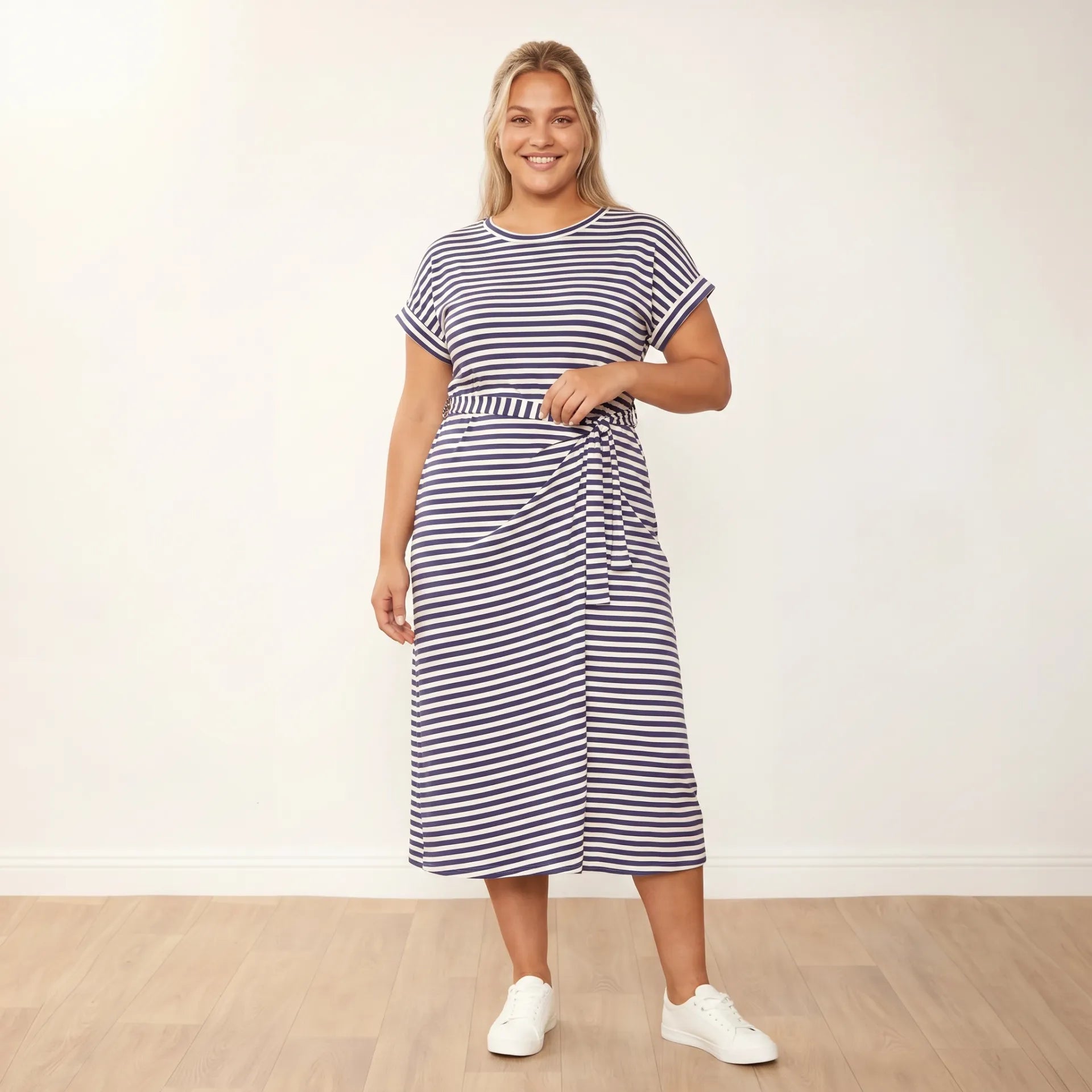Lenny Dress Blue Stripe - Plus Size XXL - Front touching tie-waist