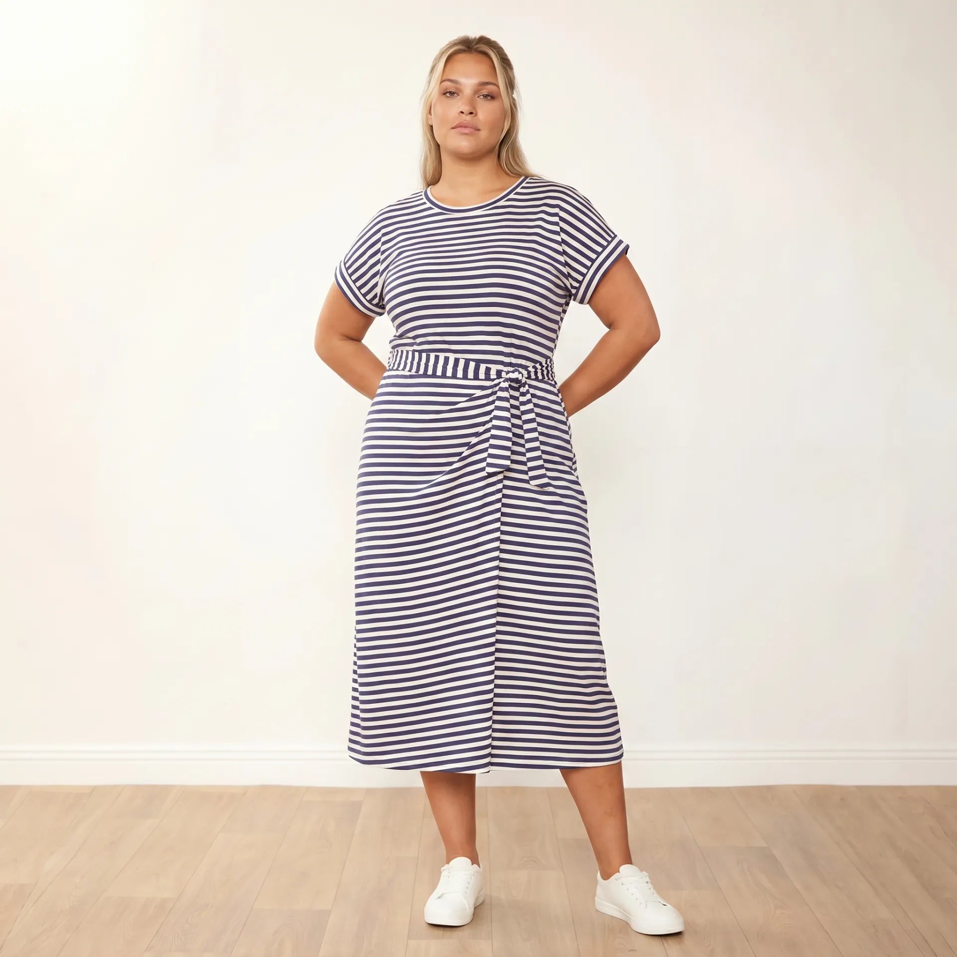 Lenny Dress Blue Stripe - Plus Size XXL - Front hands in pockets