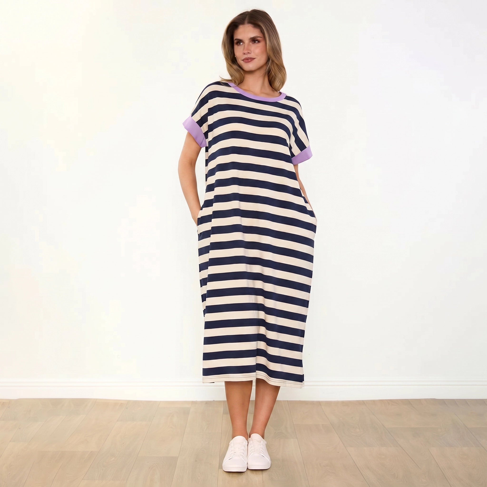 Rachel Dress Navy Stripe Lilac - Front