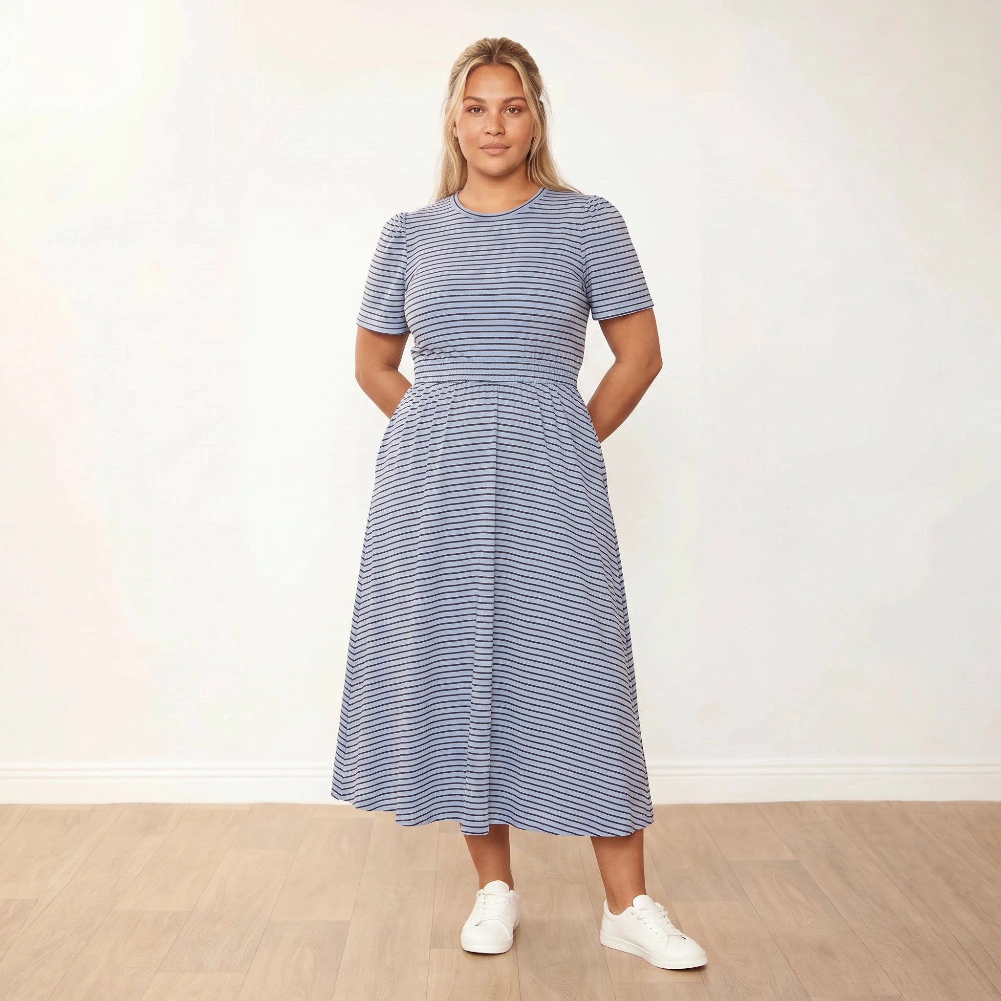 Eilish Dress (Blue/Brown) - Front, hands in pockets - Plus Size
