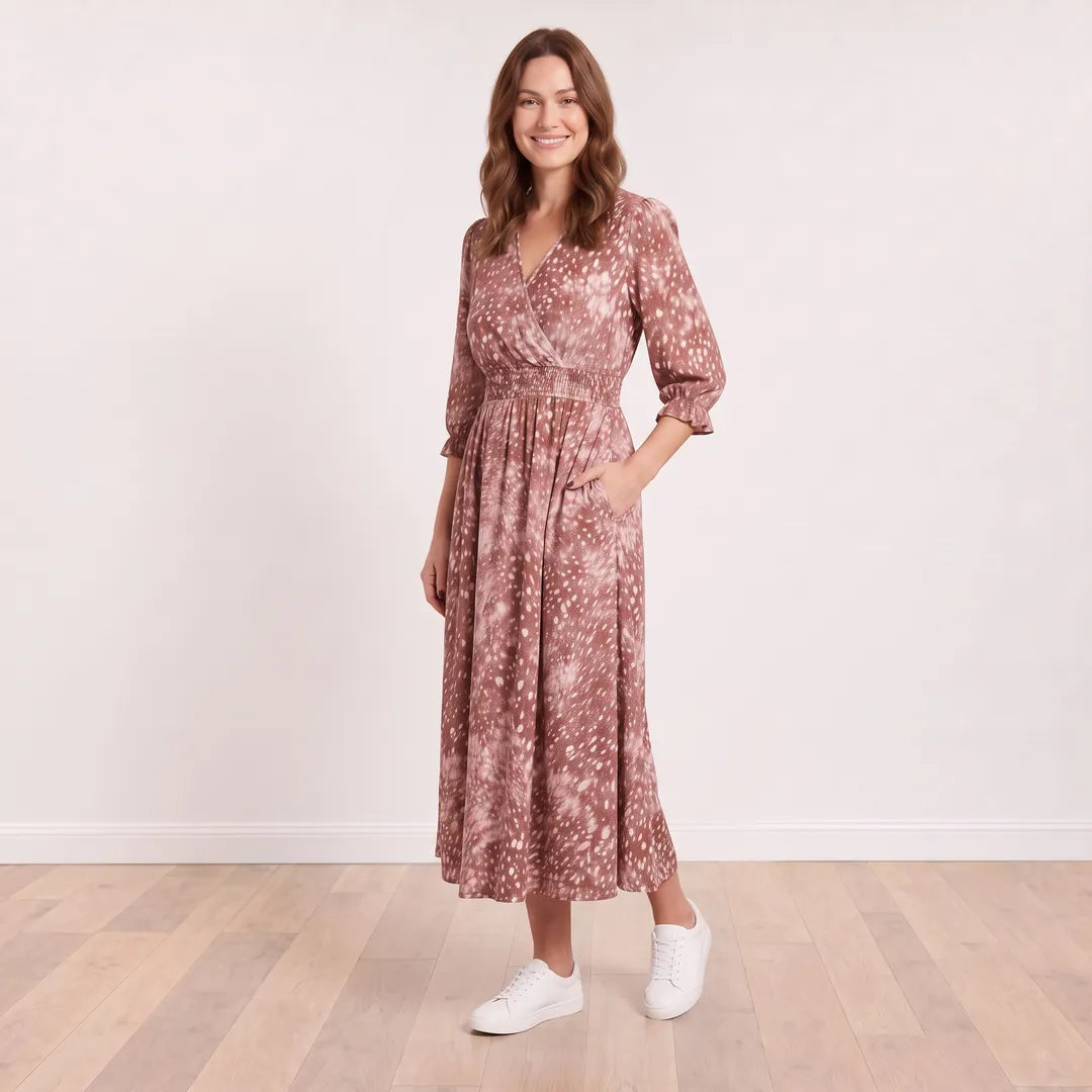 Aoife Wrap Dress (Brown Spot) on model Aisling - 3/4 Angle View