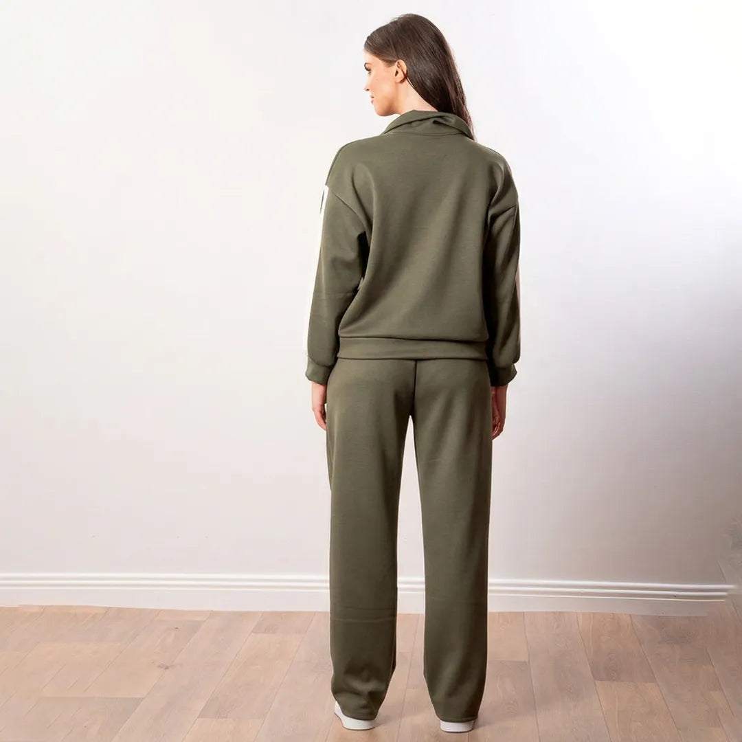 Aubree Co-ord in khaki green, full back view showing jacket shape and wide-leg trousers