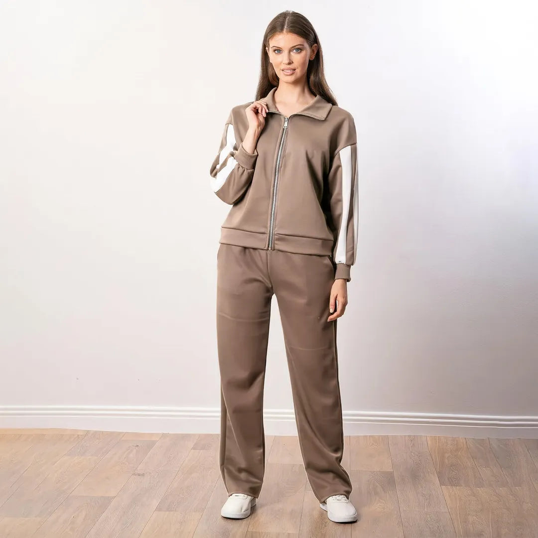 Aubree Co-ord in taupe — front view showing ivory sleeve stripe detail