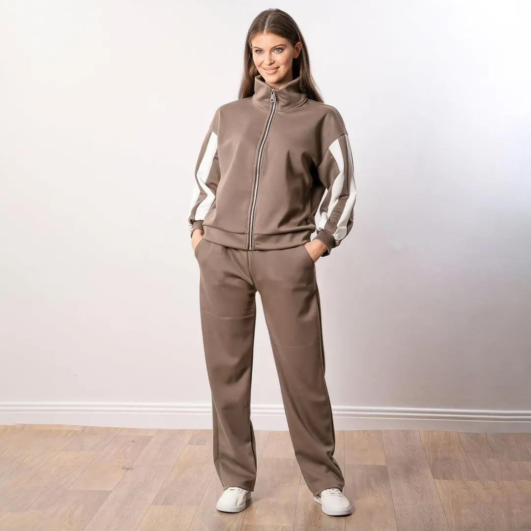 Aubree Co-ord in taupe — full front hero shot with white trainers
