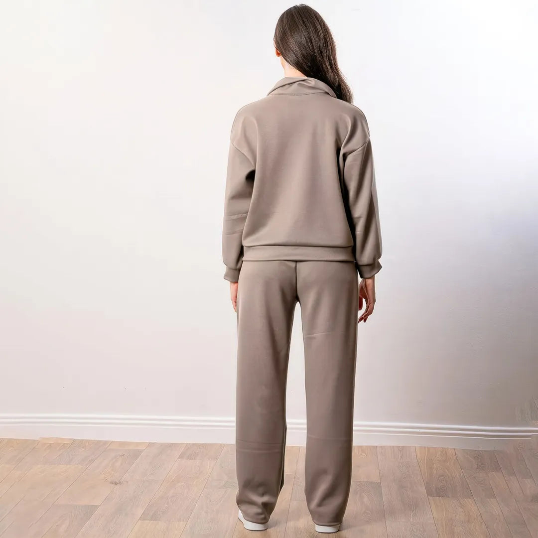 Aubree Co-ord in taupe — back view showing shoulder seam and trouser fit