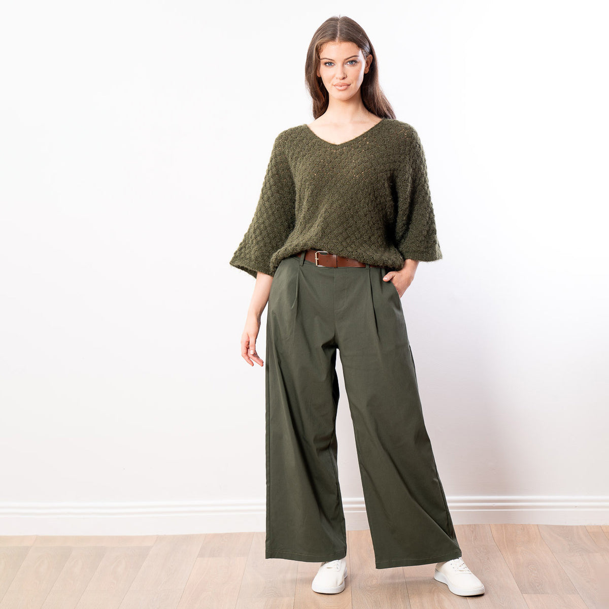 Emily V Neck Batwing Top (Khaki)