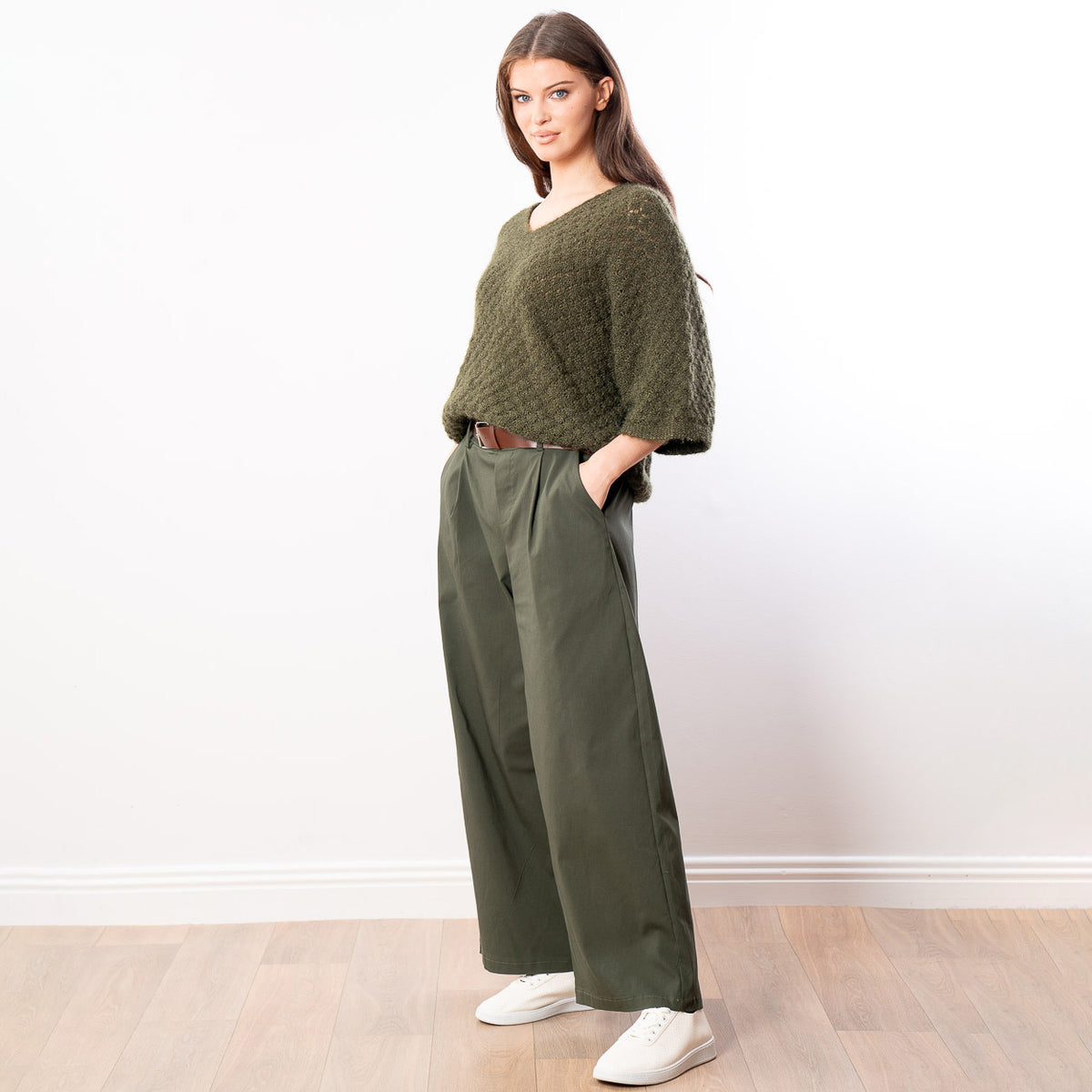 Emily V Neck Batwing Top (Khaki)