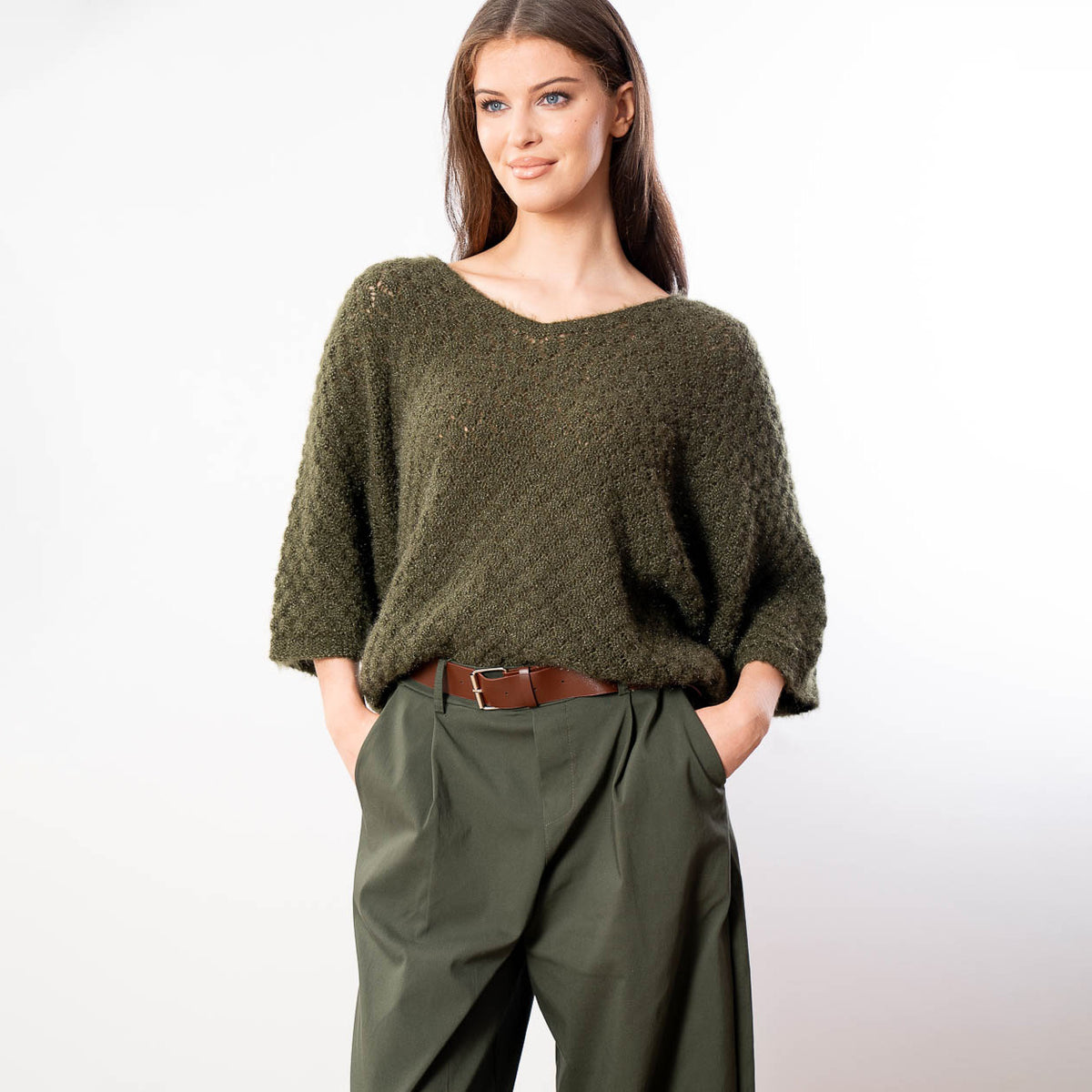 Emily V Neck Batwing Top (Khaki)