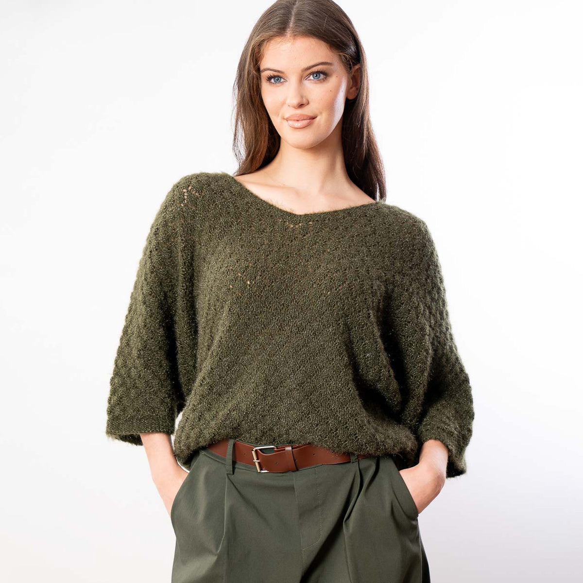 Emily V Neck Batwing Top (Khaki)