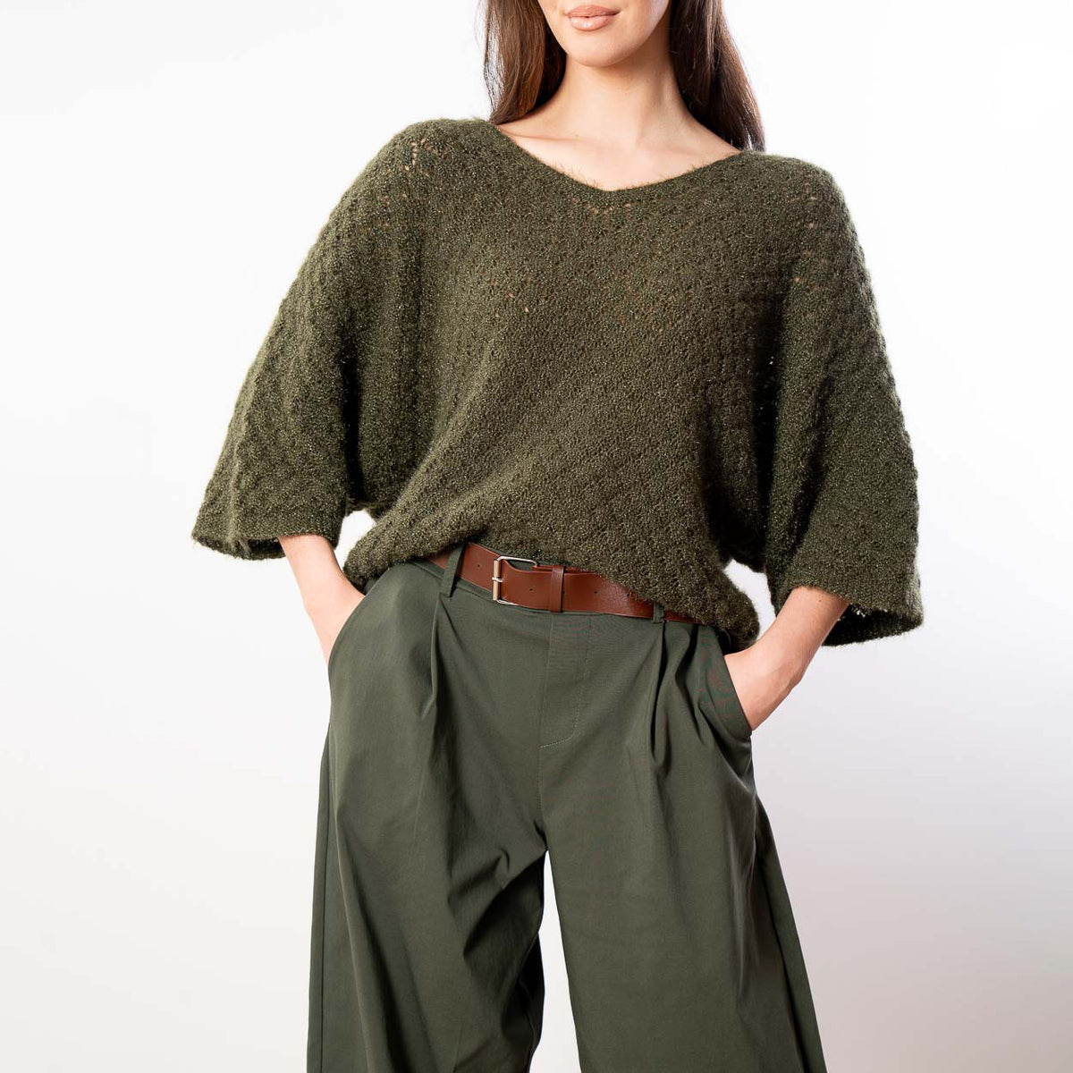 Emily V Neck Batwing Top (Khaki)
