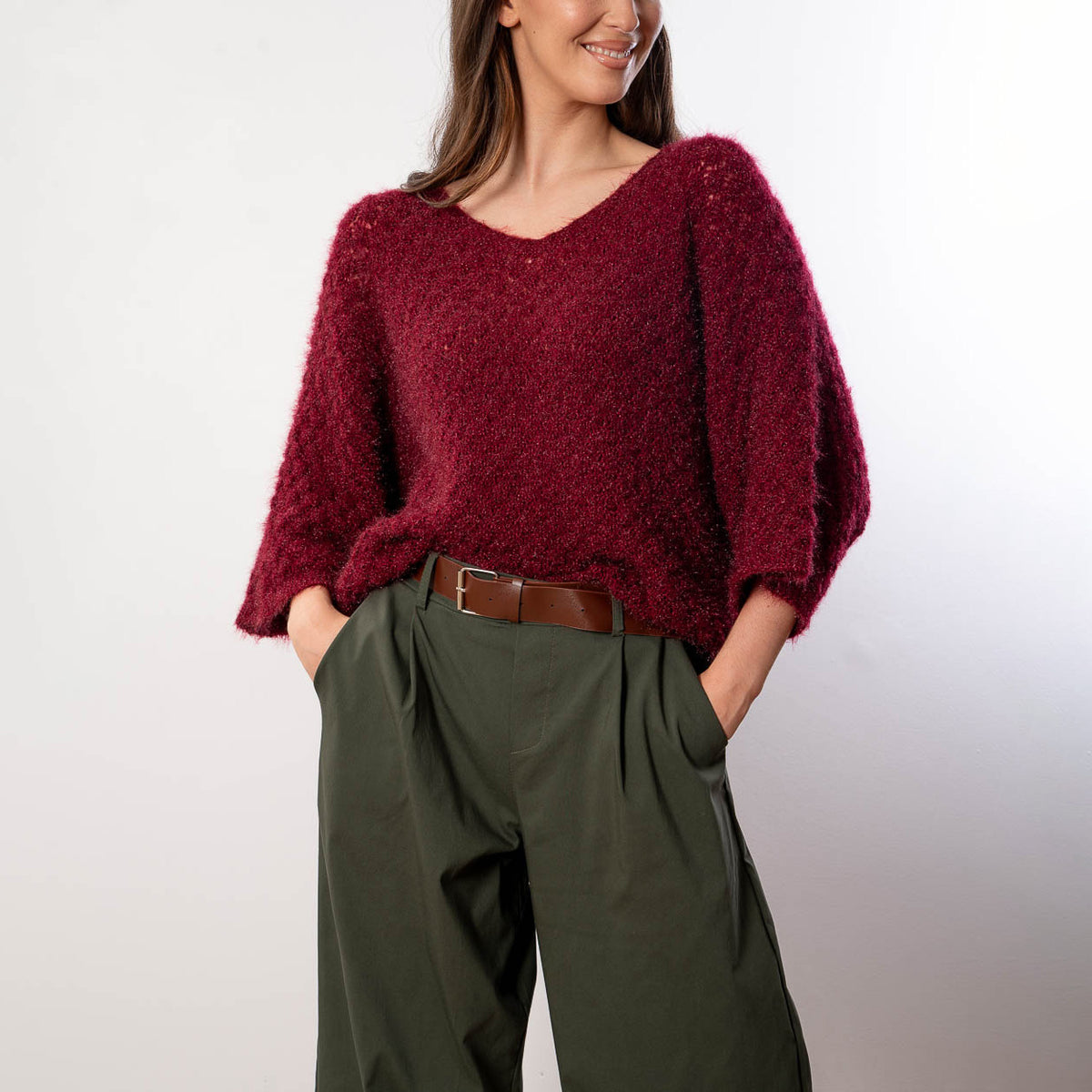 Emily V Neck Batwing Top (Wine)