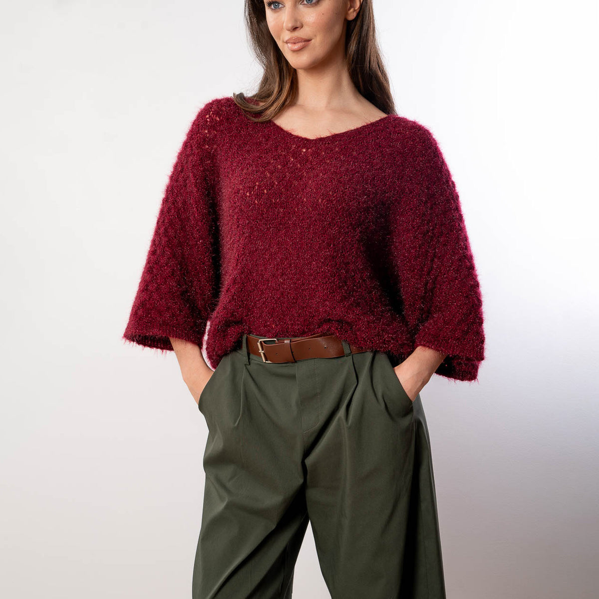 Emily V Neck Batwing Top (Wine)