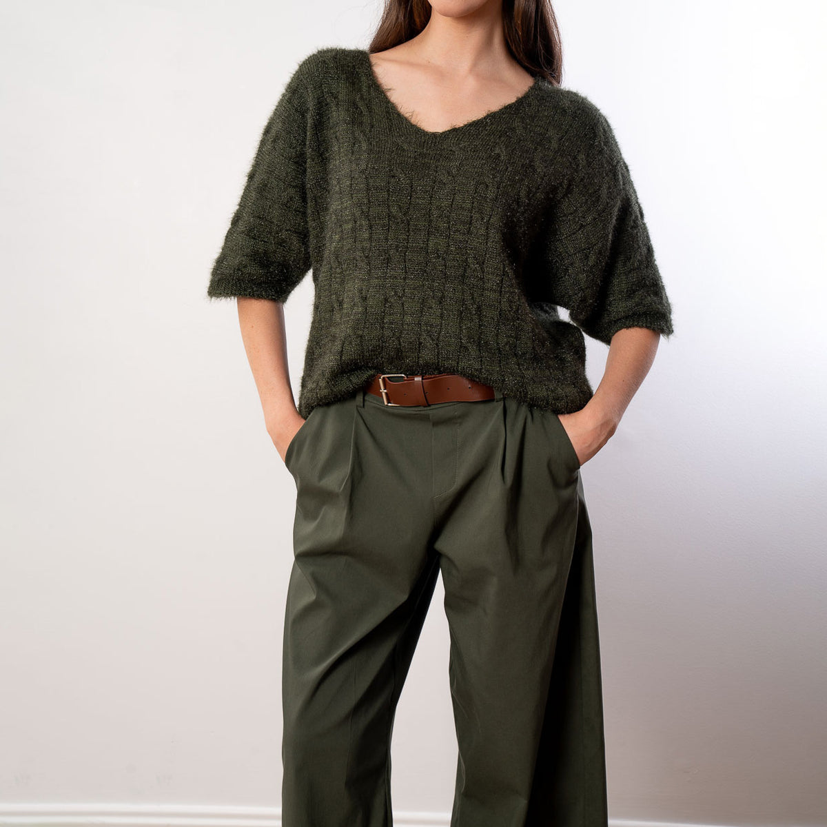Anna V Neck Top (Khaki)