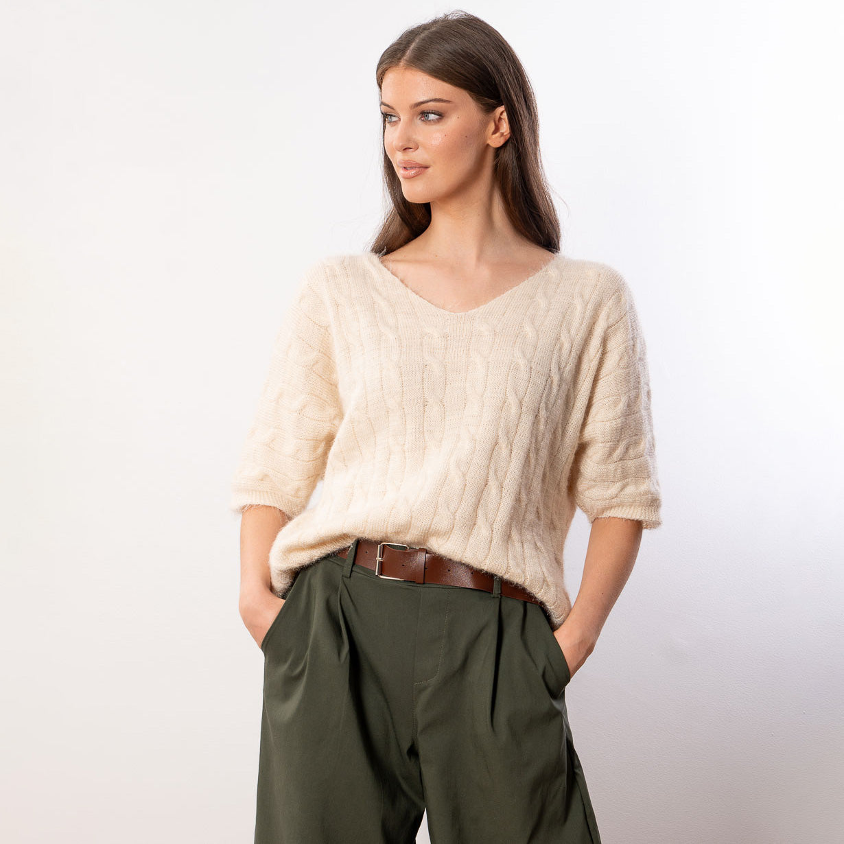 Anna V Neck Top (Beige)