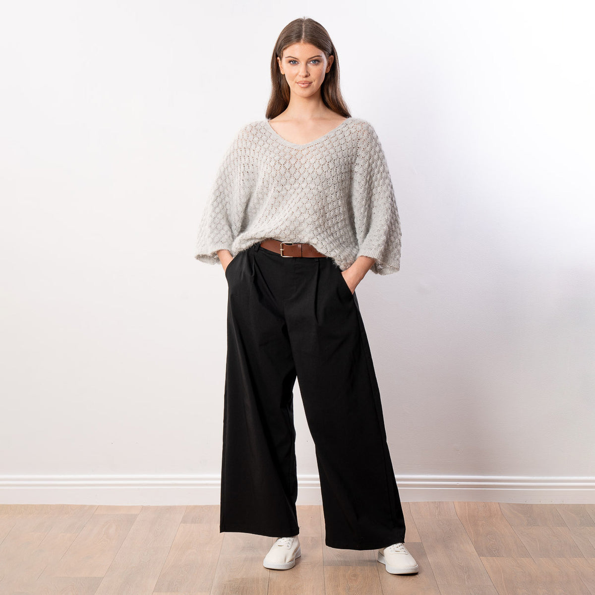Emily V Neck Batwing Top (Grey)