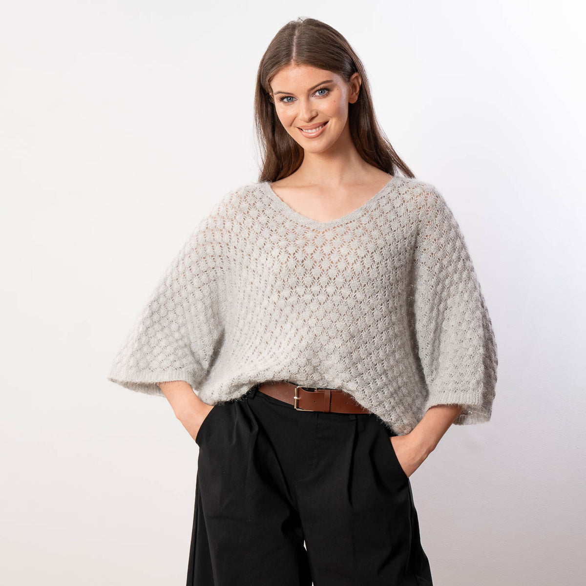 Emily V Neck Batwing Top (Grey)