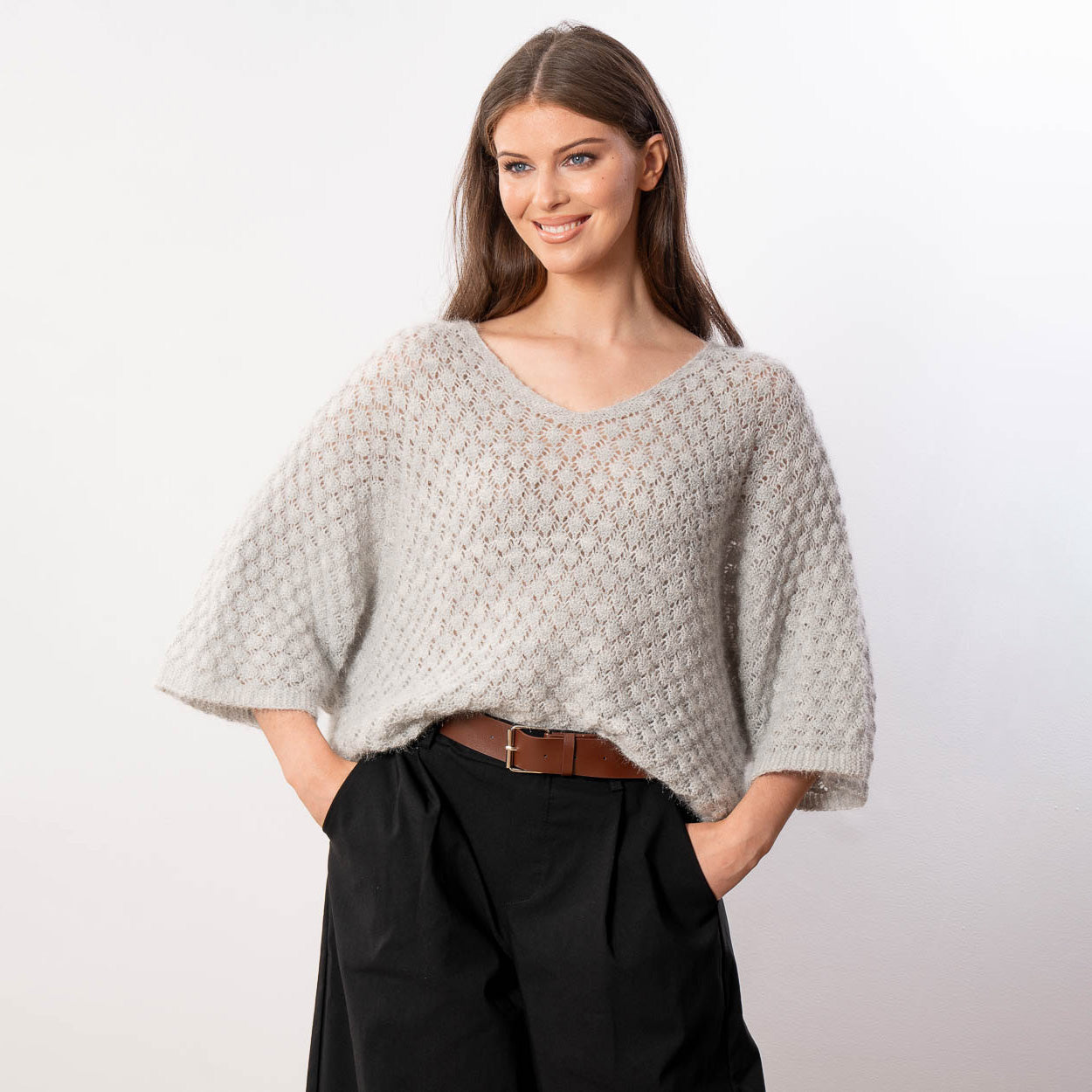 Emily V Neck Batwing Top (Grey)