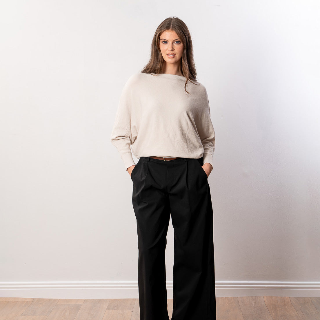 Mariah Batwing Fine Knit Top (Beige)