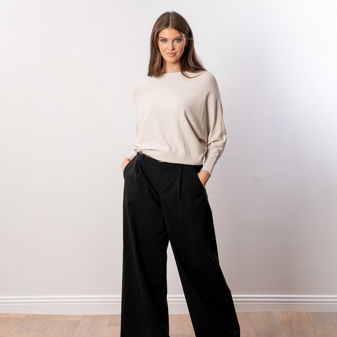 Mariah Batwing Fine Knit Top (Beige)