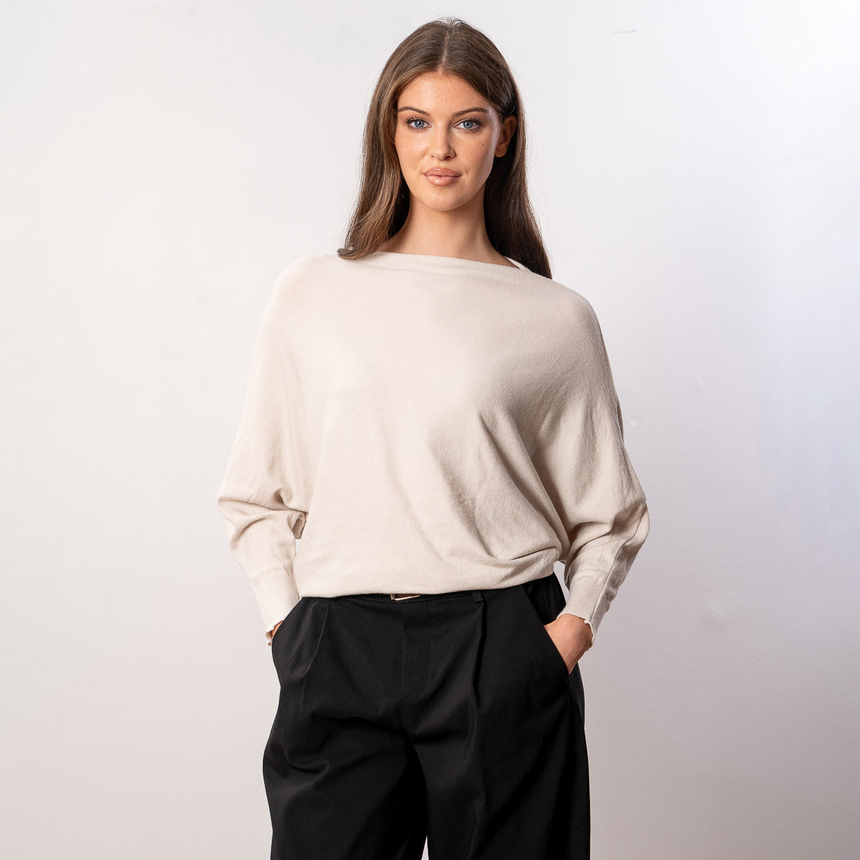 Mariah Batwing Fine Knit Top (Beige)