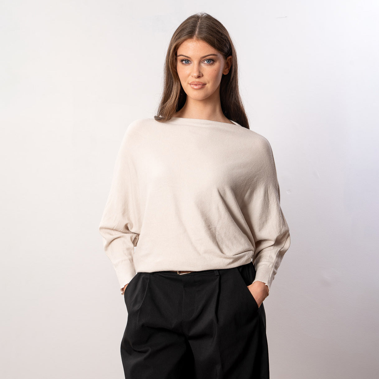 Mariah Batwing Fine Knit Top (Beige)