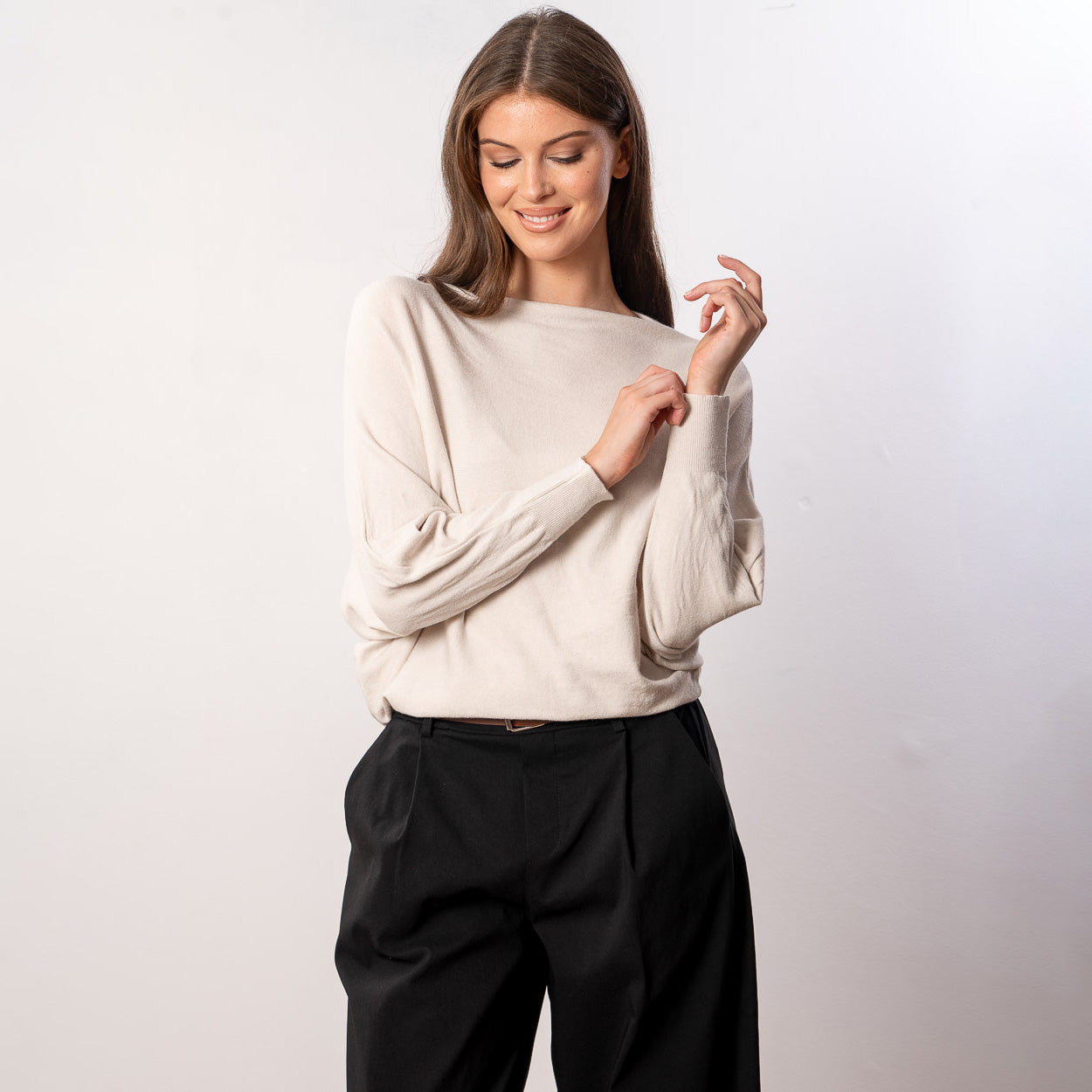 Mariah Batwing Fine Knit Top (Beige)