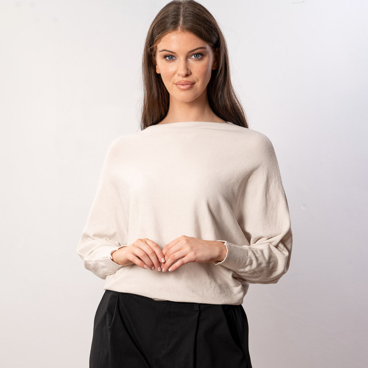 Mariah Batwing Fine Knit Top (Beige)