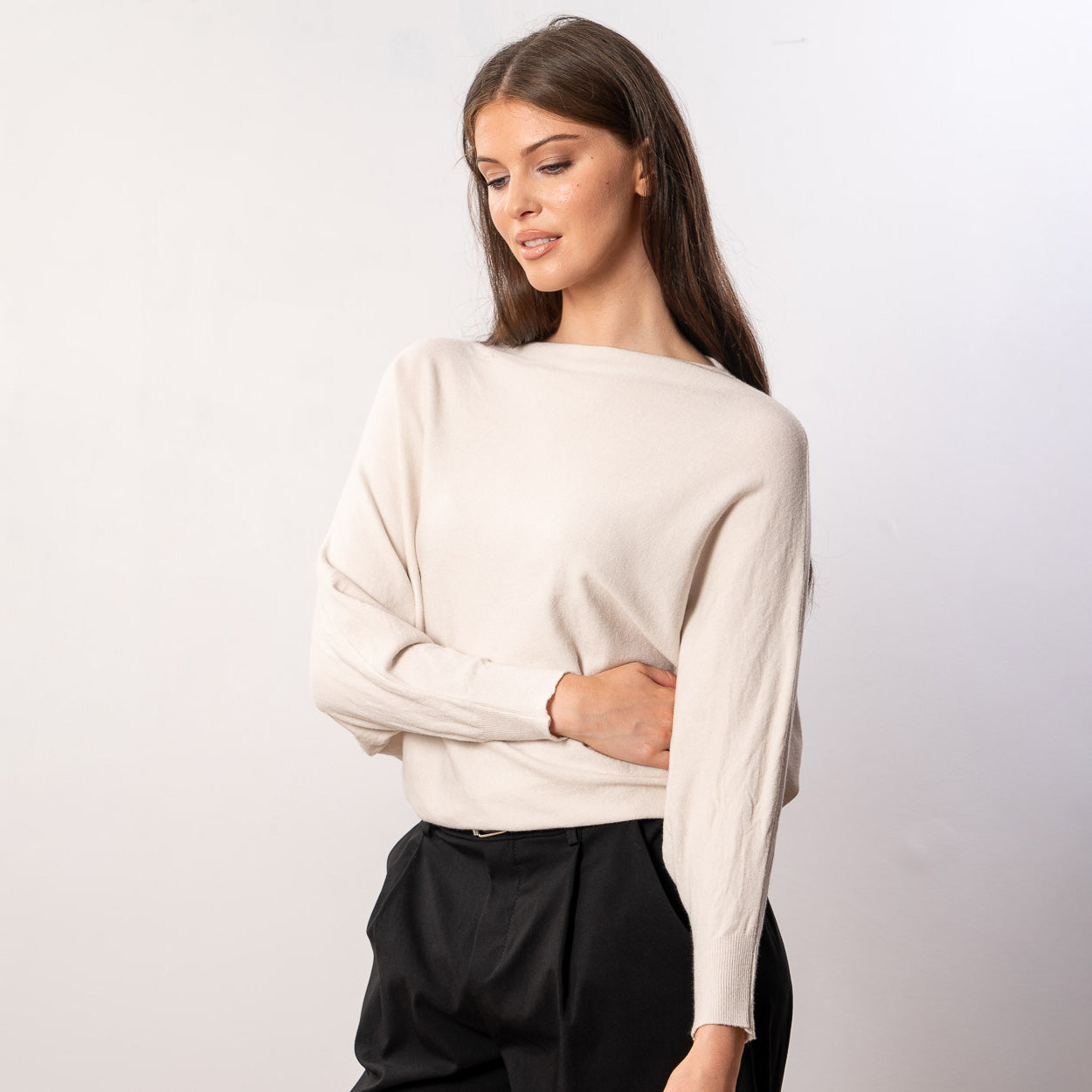 Mariah Batwing Fine Knit Top (Beige)