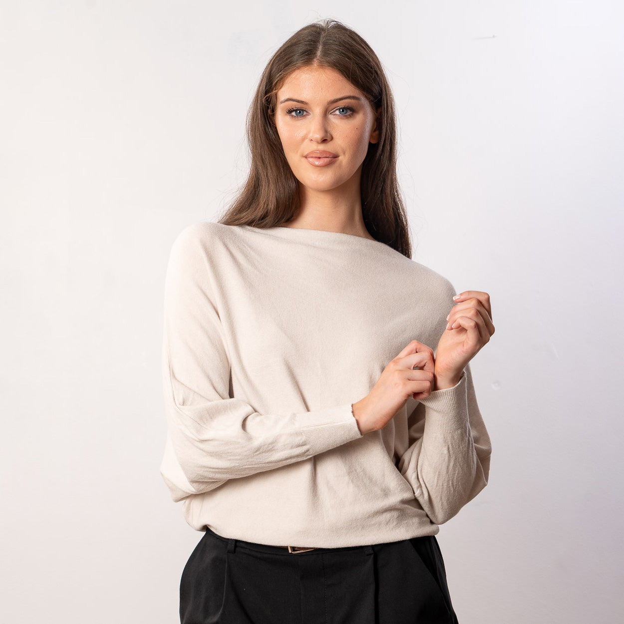 Mariah Batwing Fine Knit Top (Beige)