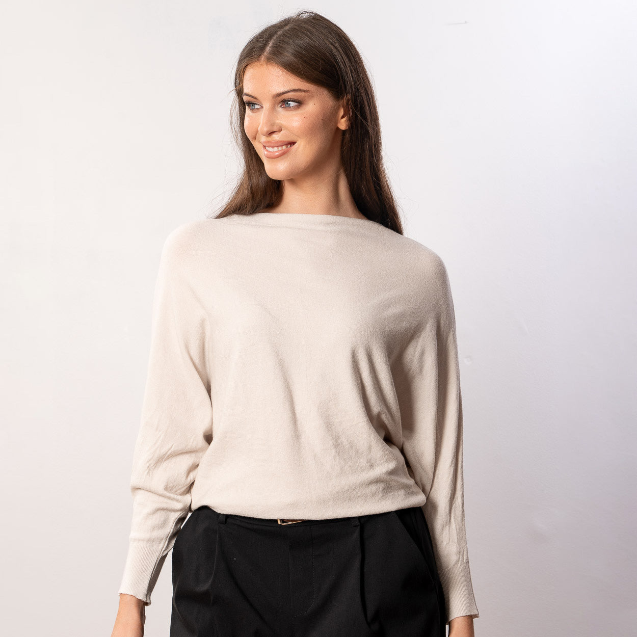 Mariah Batwing Fine Knit Top (Beige)