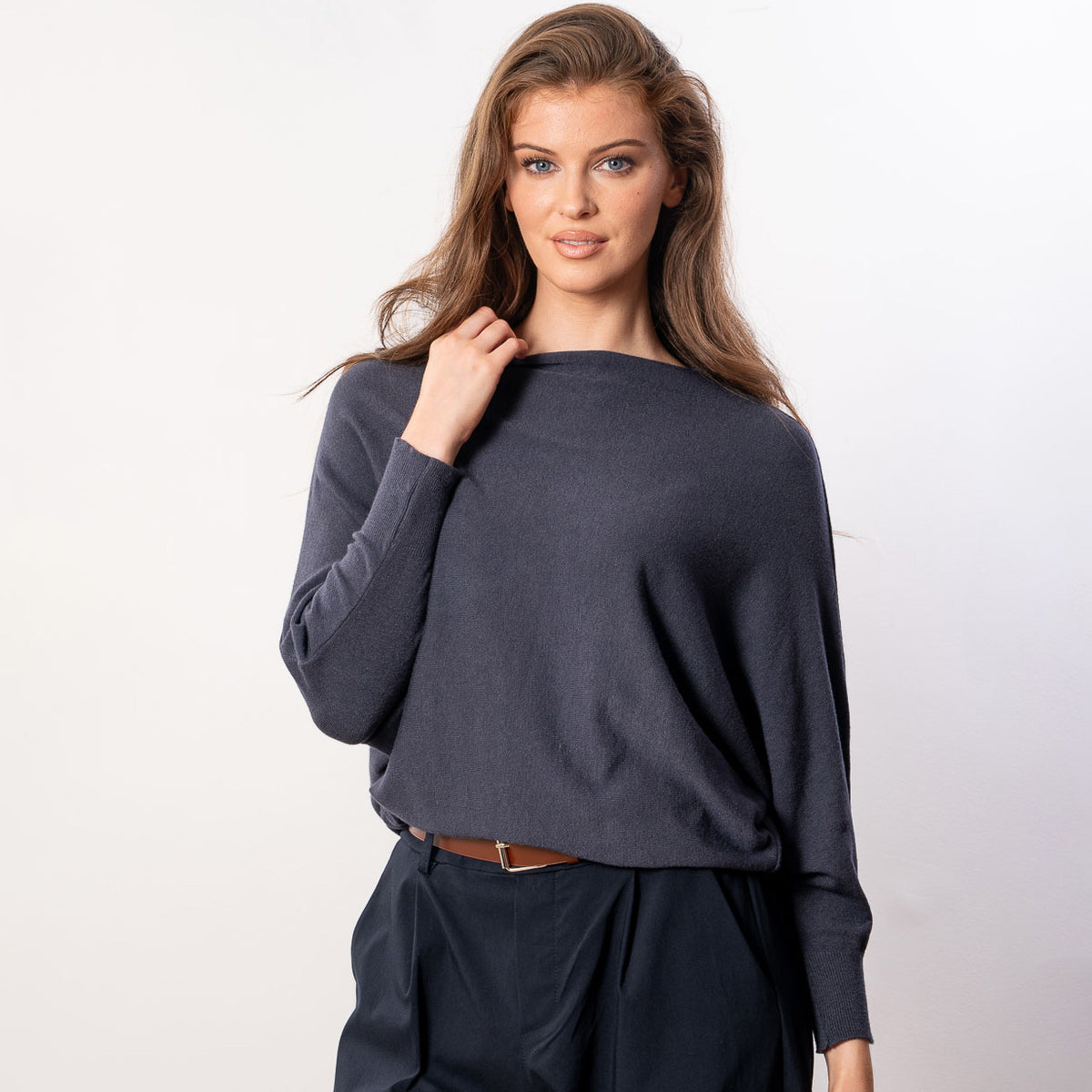 Mariah Batwing Fine Knit Top (Navy)