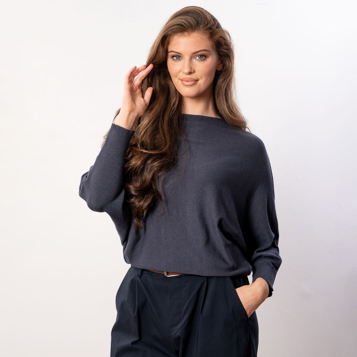 Mariah Batwing Fine Knit Top (Navy)