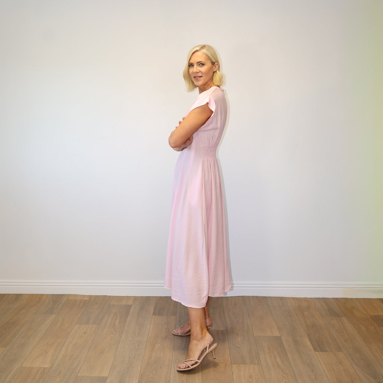 Elise Pleated Midi Dress (Pink)