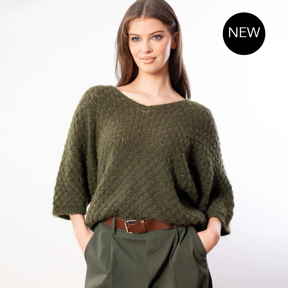 Emily V Neck Batwing Top (Khaki)