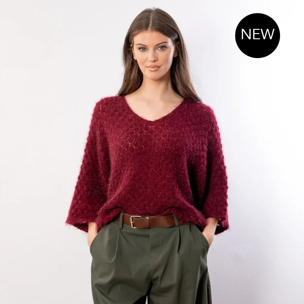 Emily V Neck Batwing Top (Wine)