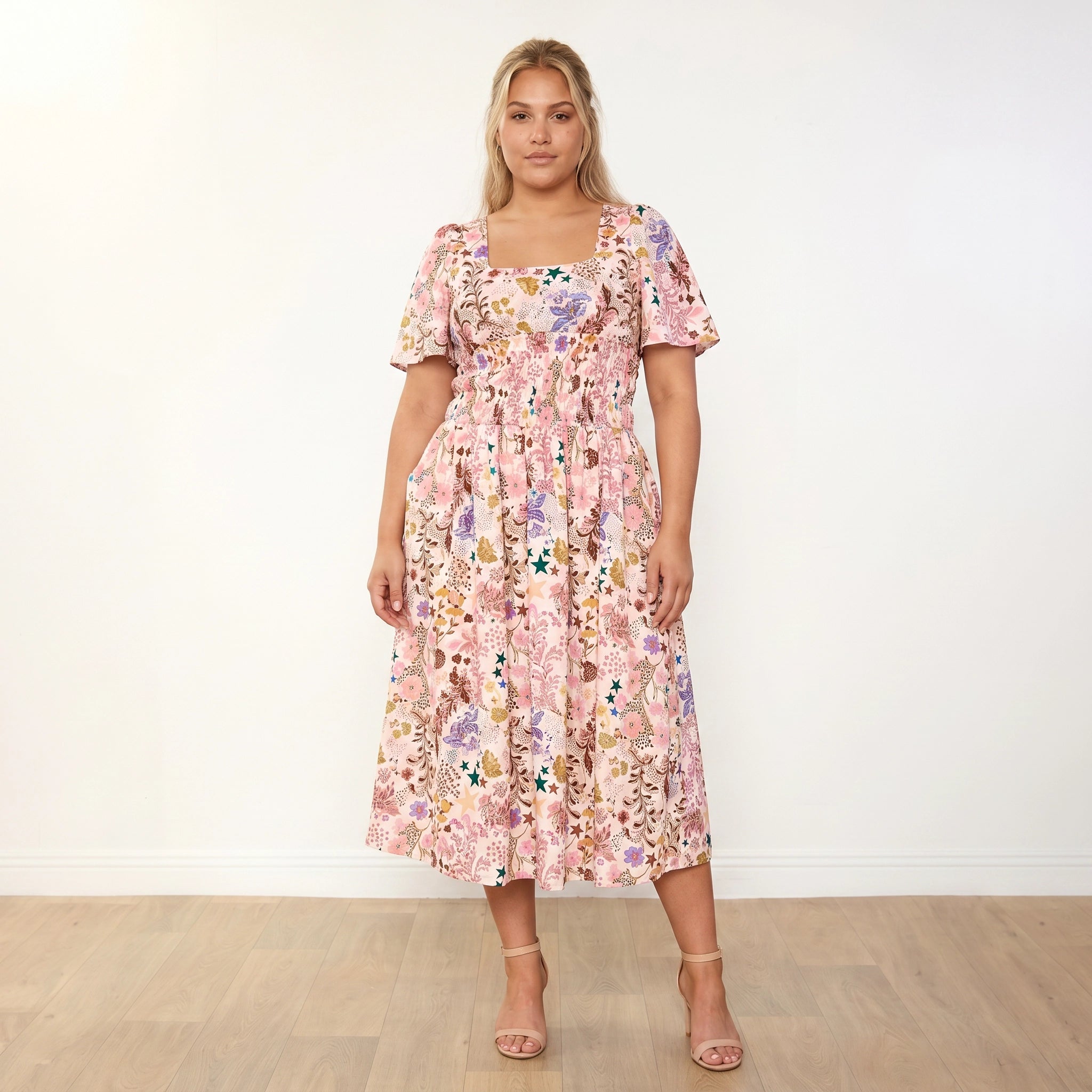 Iris Dress (Wildflower Vanilla) - Plus Size XXL - Front, arms at sides, neutral